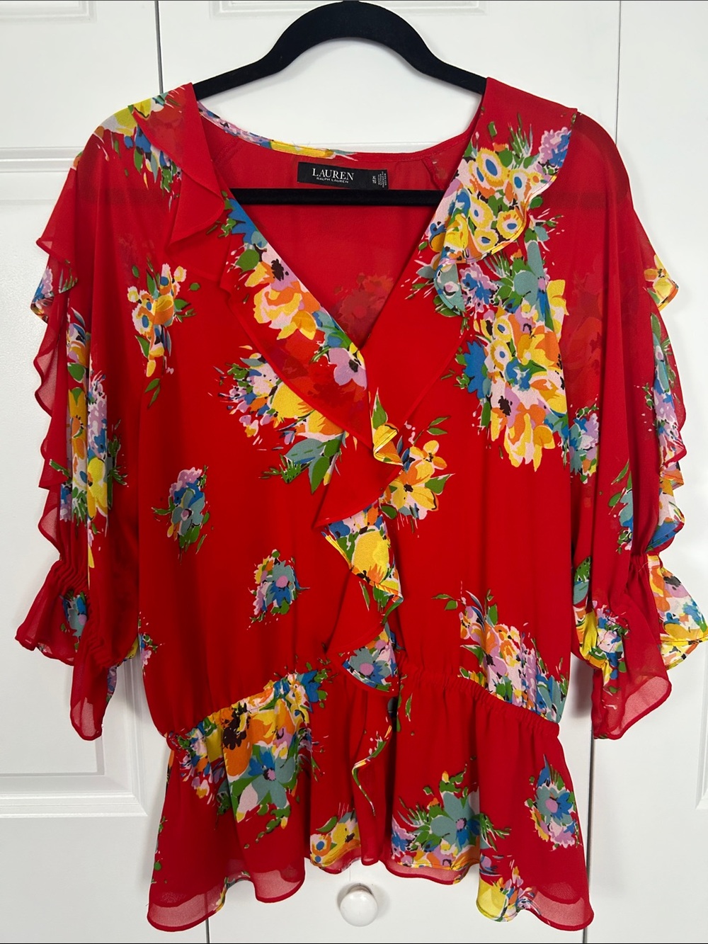 Lauren Ralph Lauren Red Floral Ruffle V-Neck Peplum Blouse Size XL